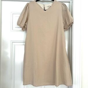 Hayden Tan and Cream A-line Dress with Puff Sleeves and V-neck